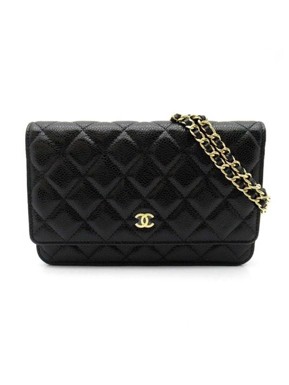 Chanel Quilted Chain Wallet Caviar Leather Shoulder Bag Black